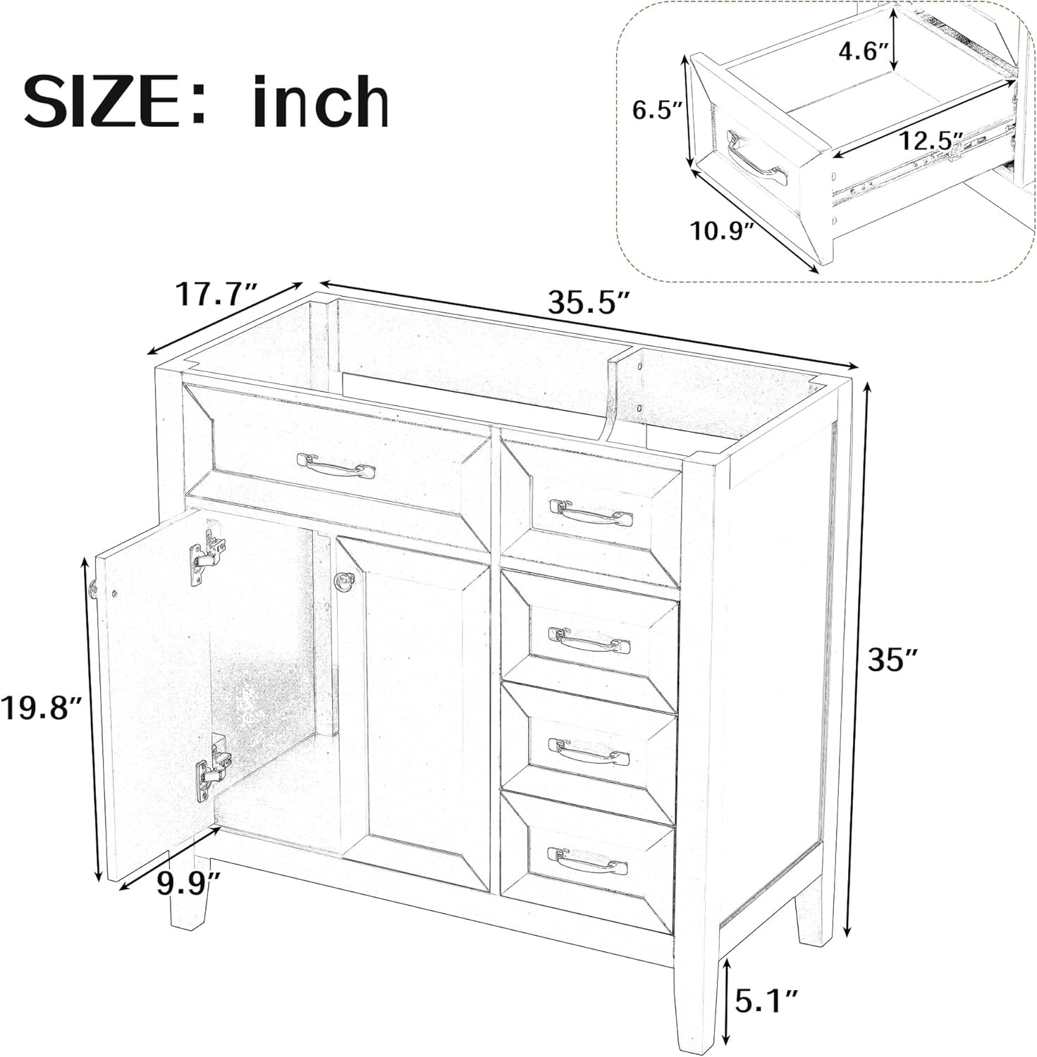 36″ Black Solid Wood Bathroom Vanity Base with 3 Drawers, Stain Proof Storage