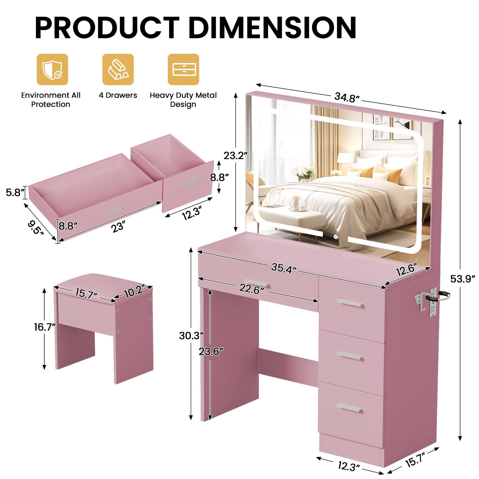 Vanity Set with Mirror Power Outlet Vanity Table Bedroom Pink
