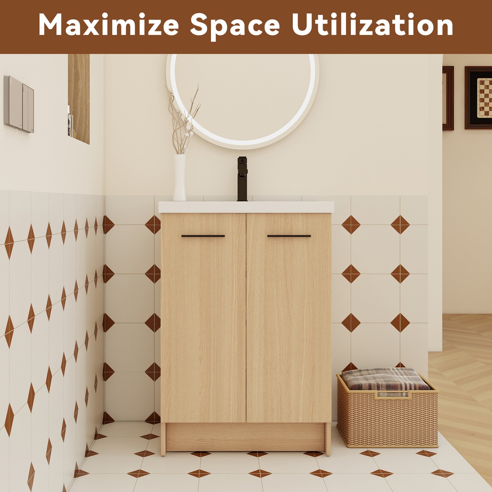 24″ Freestanding Bathroom Vanity with Resin Sink, Light Oak