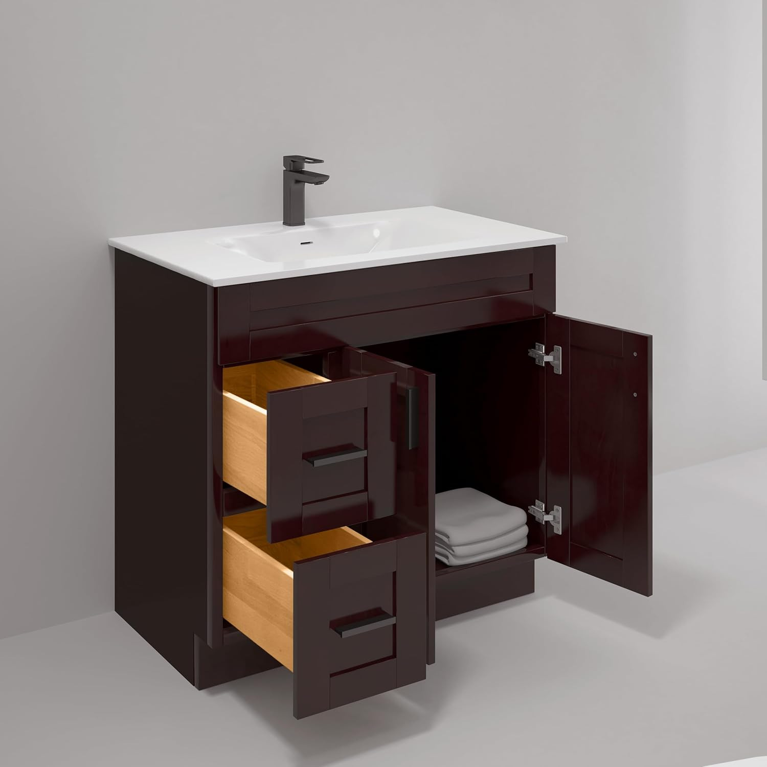 Espresso 36″ Shaker Bathroom Vanity Sink Base with Drawers – Ready to Assemble