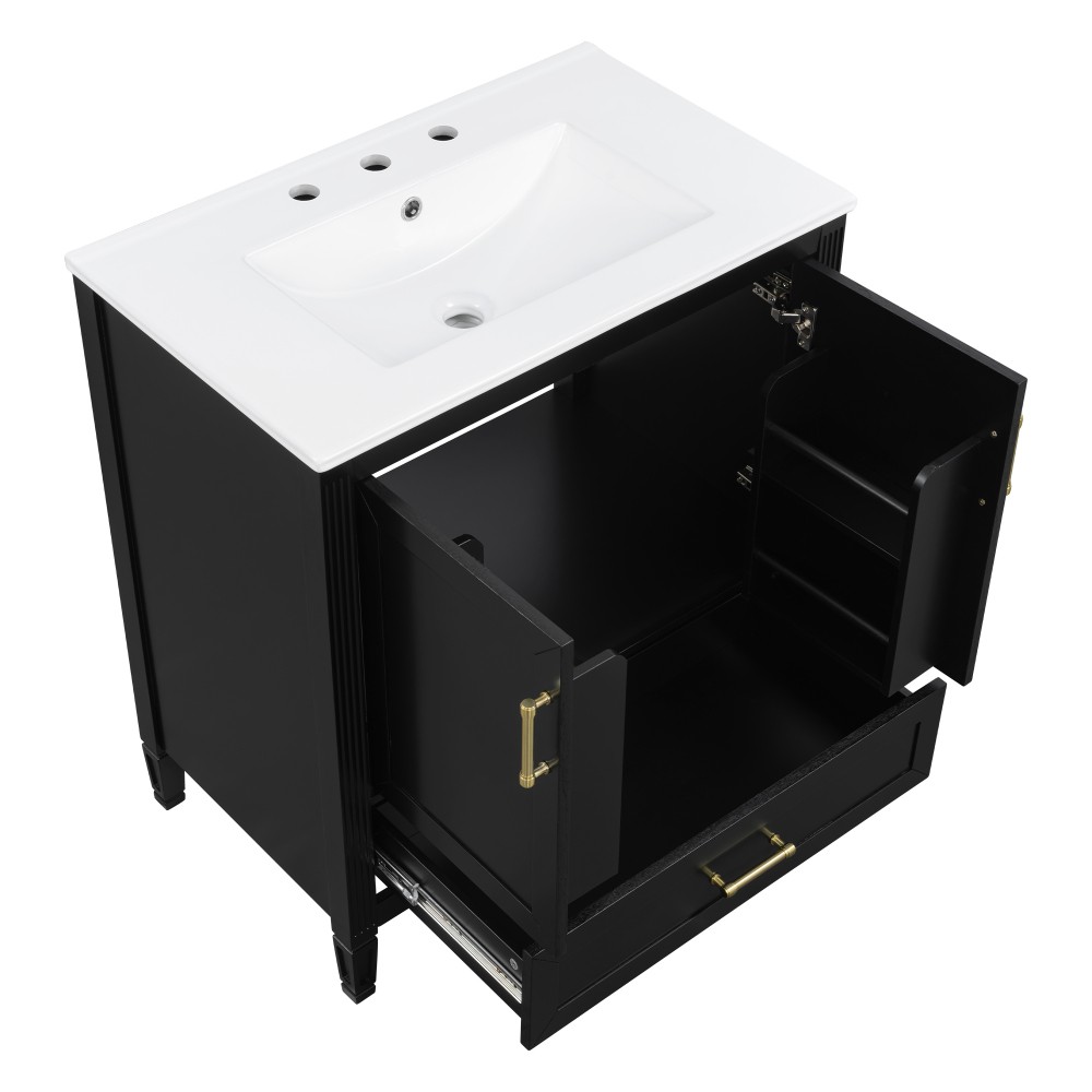 30 Inch Fluted Black Bathroom Vanity with Ceramic Sink Soft-Close Doors Drawer