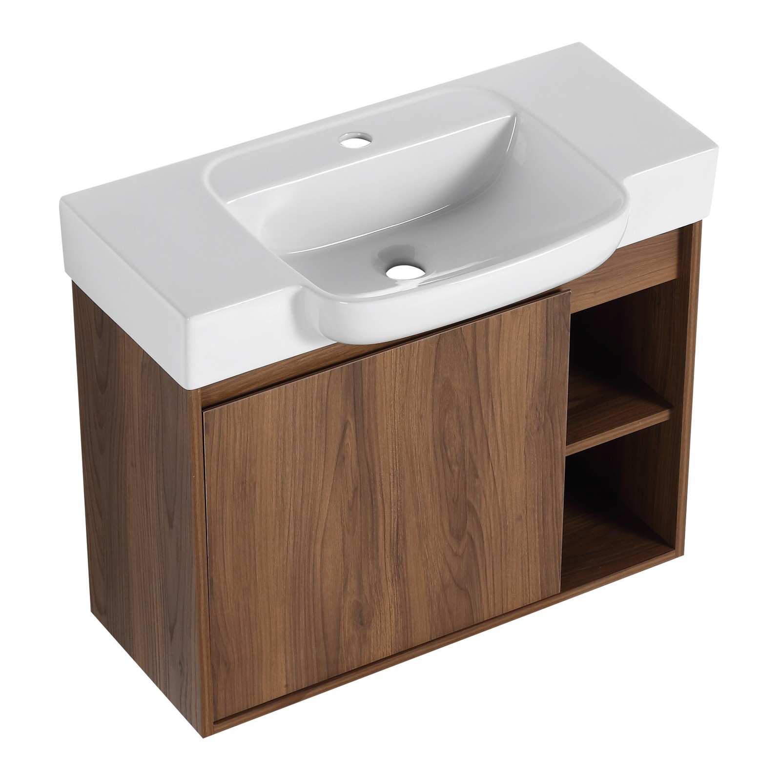 28″ Plywood Wall-Mounted Bathroom Vanity W/ Ceramic Sink Brown For Small Space