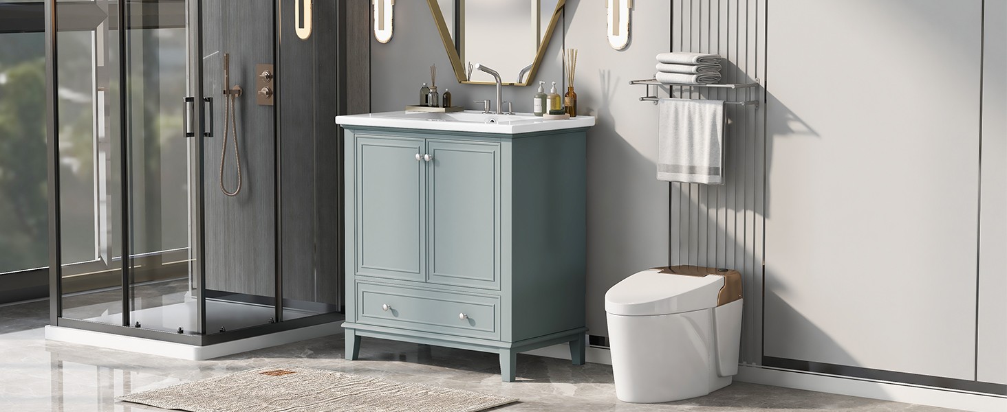 30″ Bathroom Vanity with Ceramic Sink Freestanding Wood Storage Cabinet w/Drawer