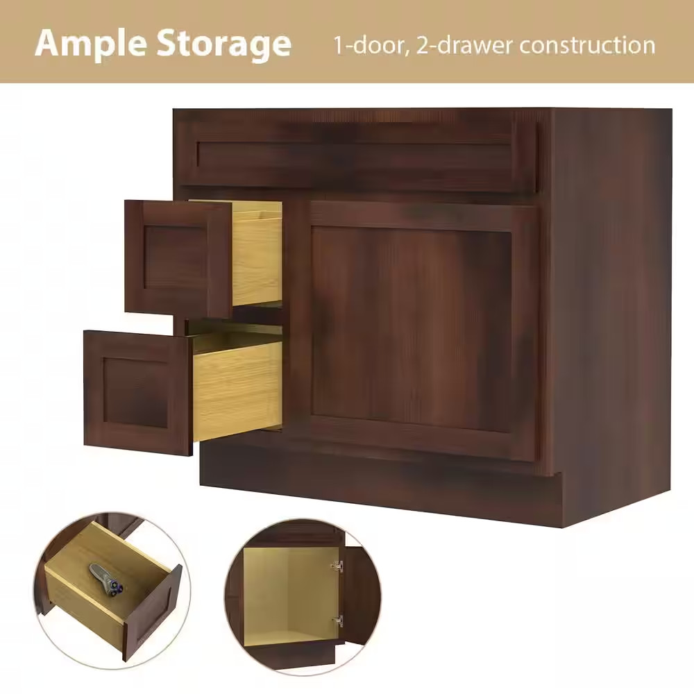 36 In. W X 21 In. D X 32.5 In. H 2-Left Drawers Bath Vanity Cabinet Only in Brow