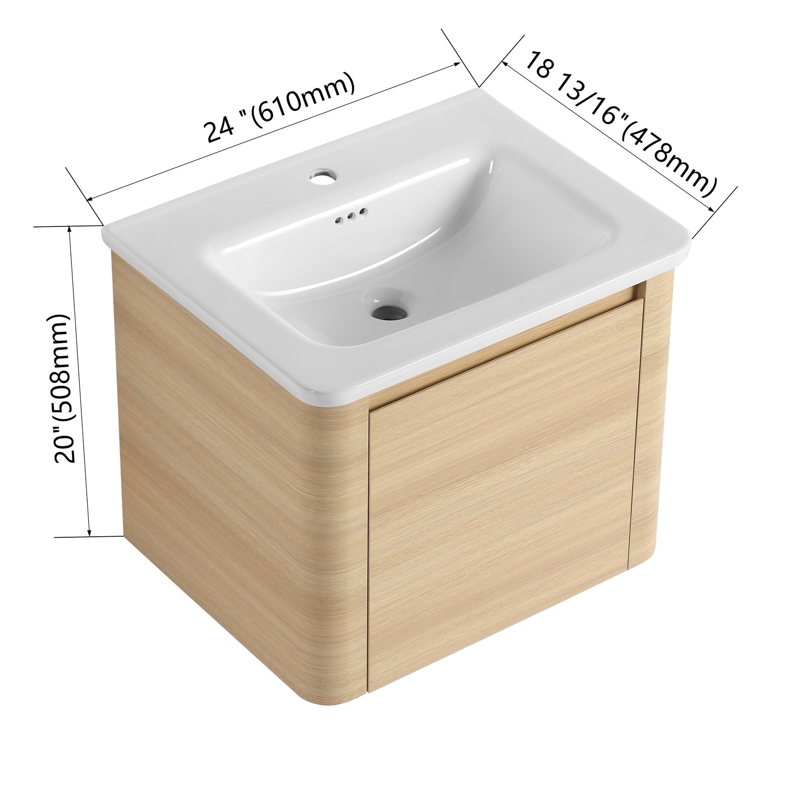 24” Plywood Wall-Mounted Bathroom Vanity Cabinet with White Ceramic Sink +Door
