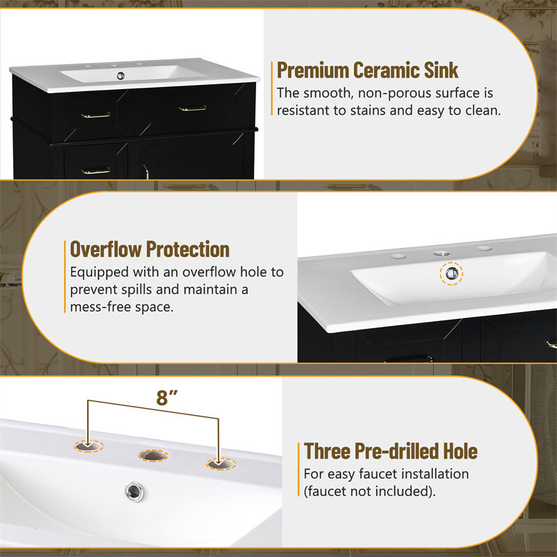 30″ Black Bathroom Vanity with Ceramic Sink,Adjustable Shelf & 3 Storage Drawer