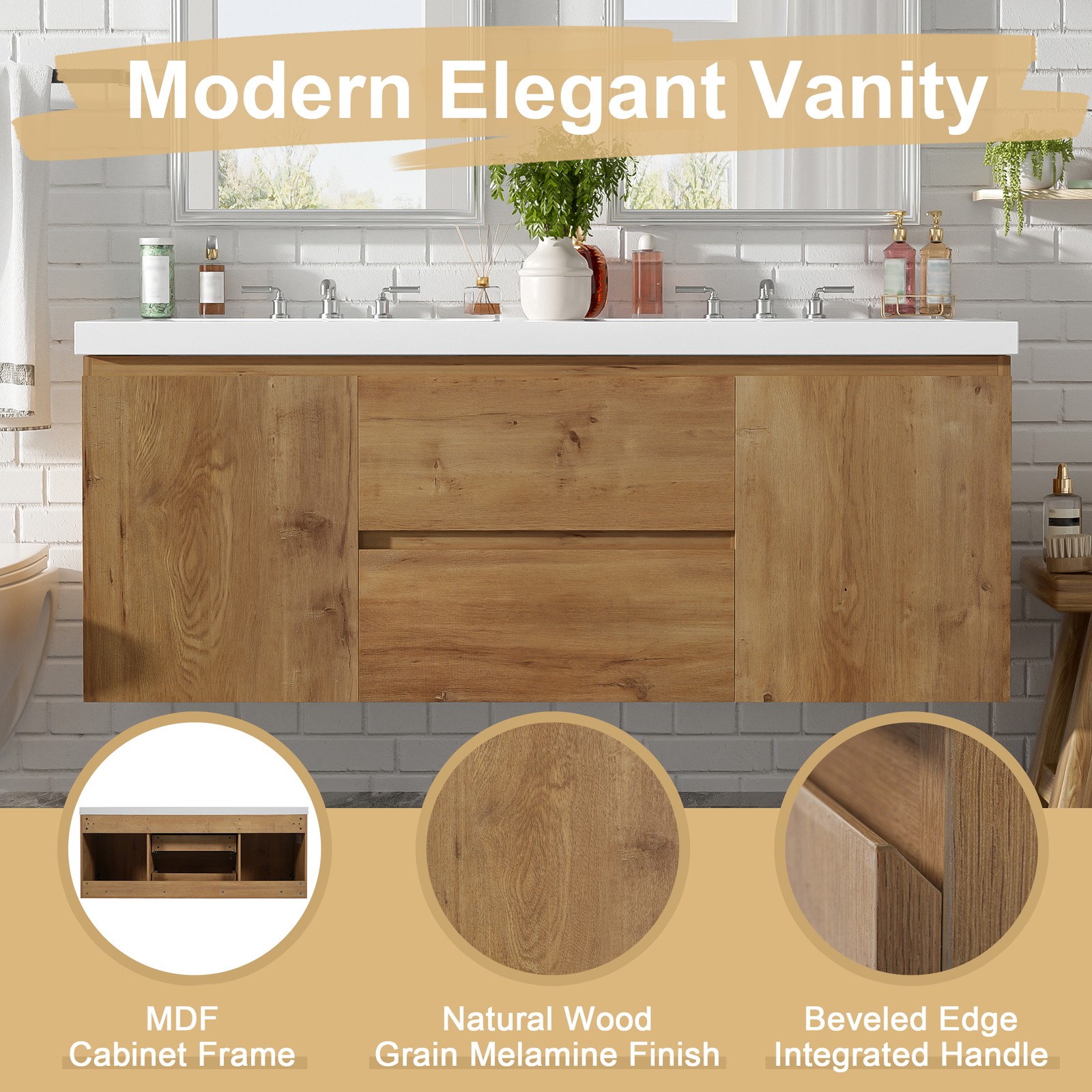 59.3″ Wall-Mounted Double Sink Bathroom Vanity with SMC Top, MDF Cabinet Wood