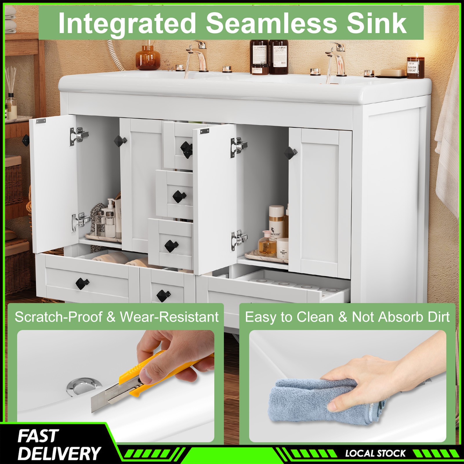 47 Inch White Modern Bathroom Vanity Double Ceramic Sinks Freestanding 5 Drawers