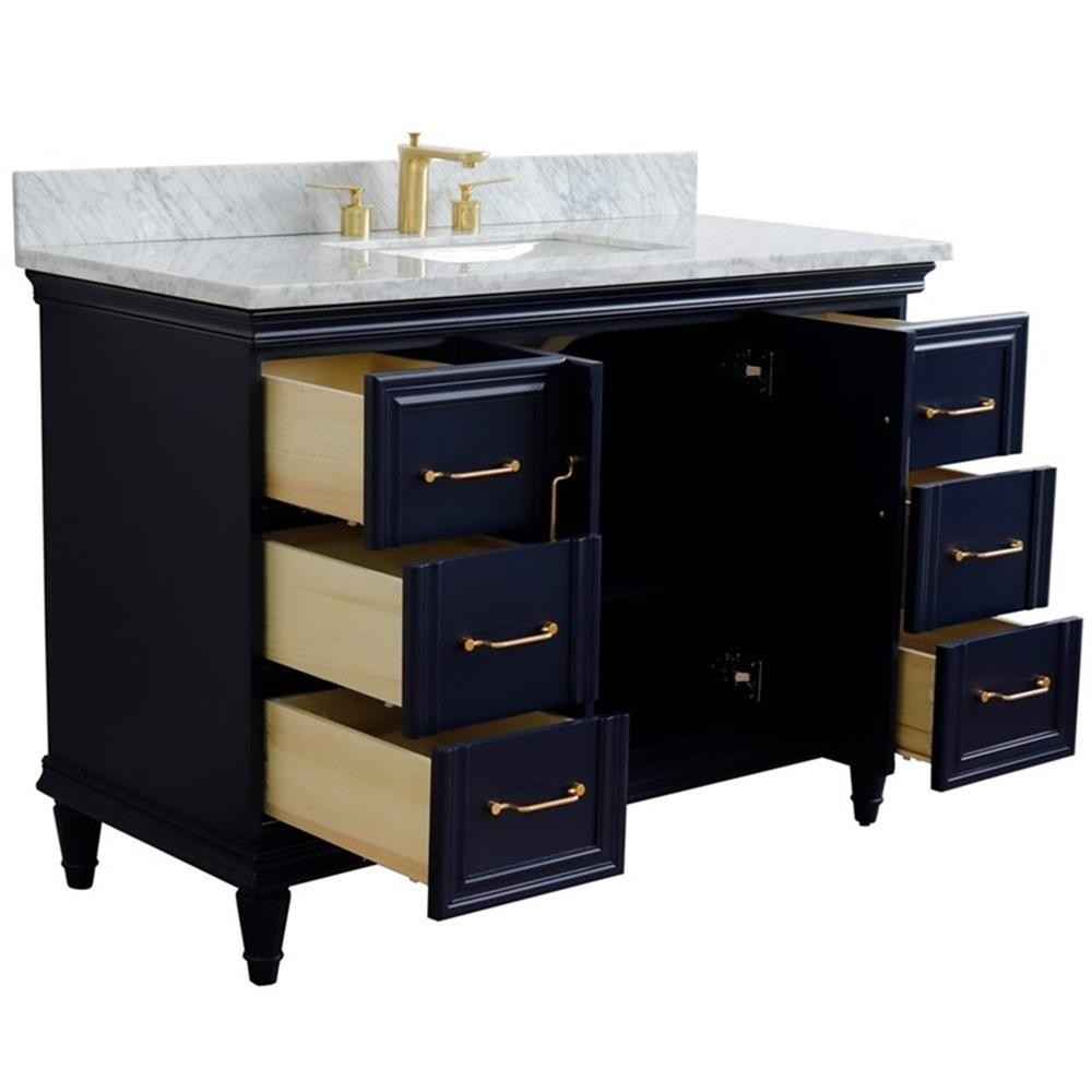 49 in. Single Wooden Vanity Blue with White Carrara Marble Rectangle Sink
