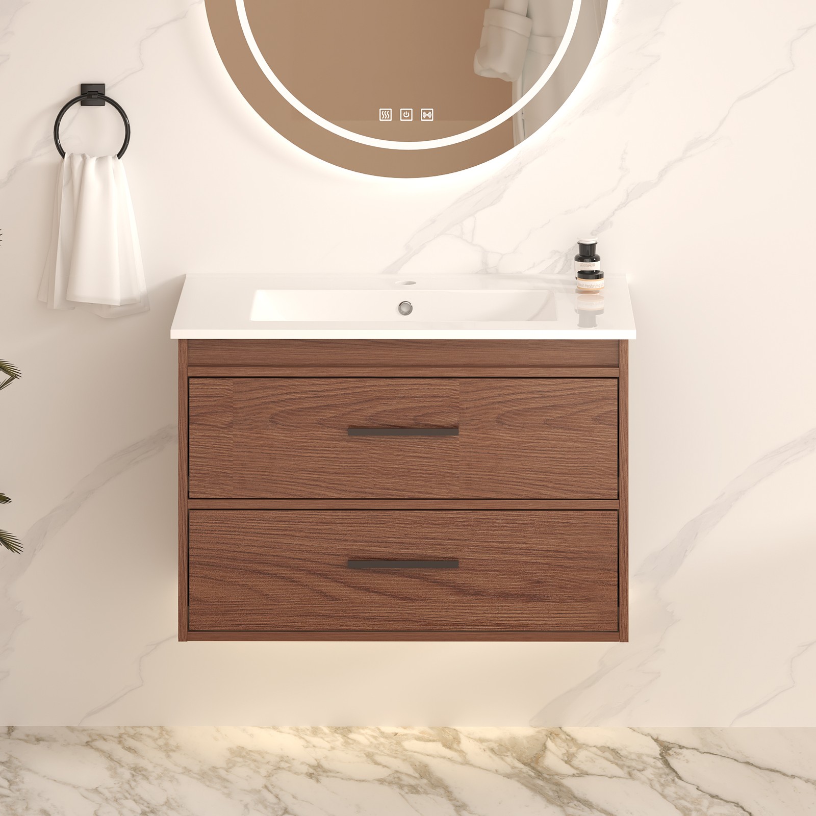 30″ reddish brown Wall Mounting Bathroom Vanity with Soft Close 2 Drawers