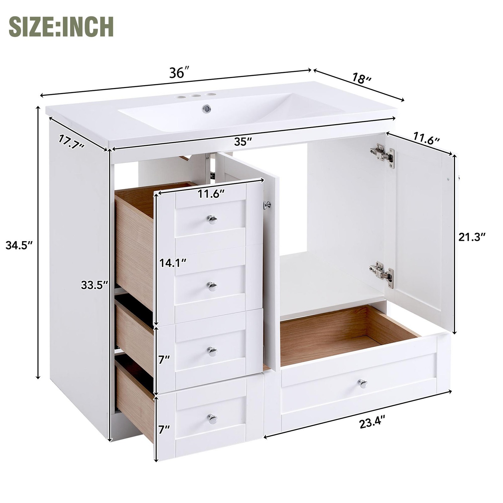 36″ Bathroom Vanity w/Sink Storage Cabinet with 4 Soft-close Drawers & 2 Door