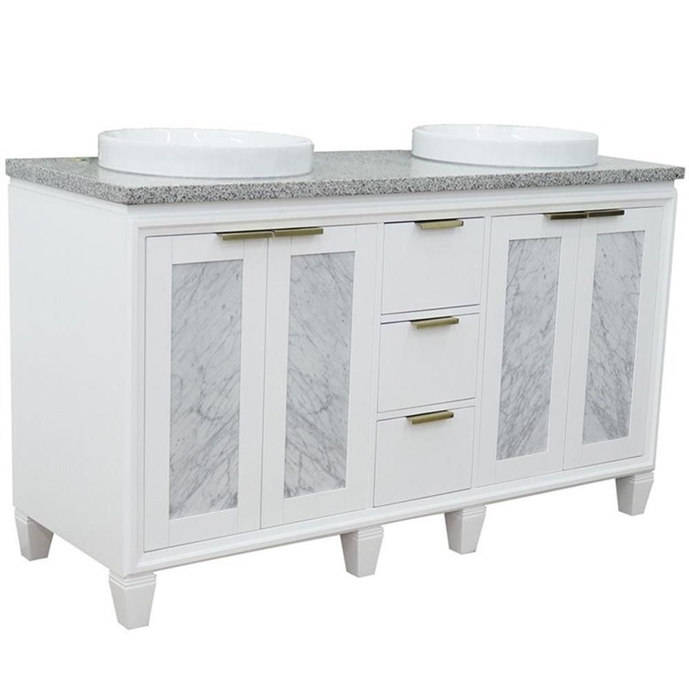 Pemberly Row 61″ Double Round Sink Solid Wood Vanity in White/Gray Granite Stone
