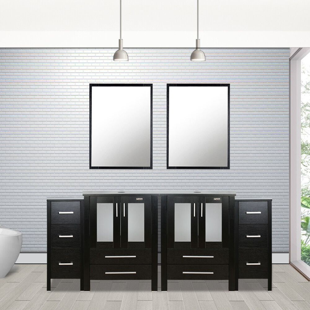 72″ Bathroom Black Vanity W/Small Double Cabinet Drawer Mirror Combo Modern Home