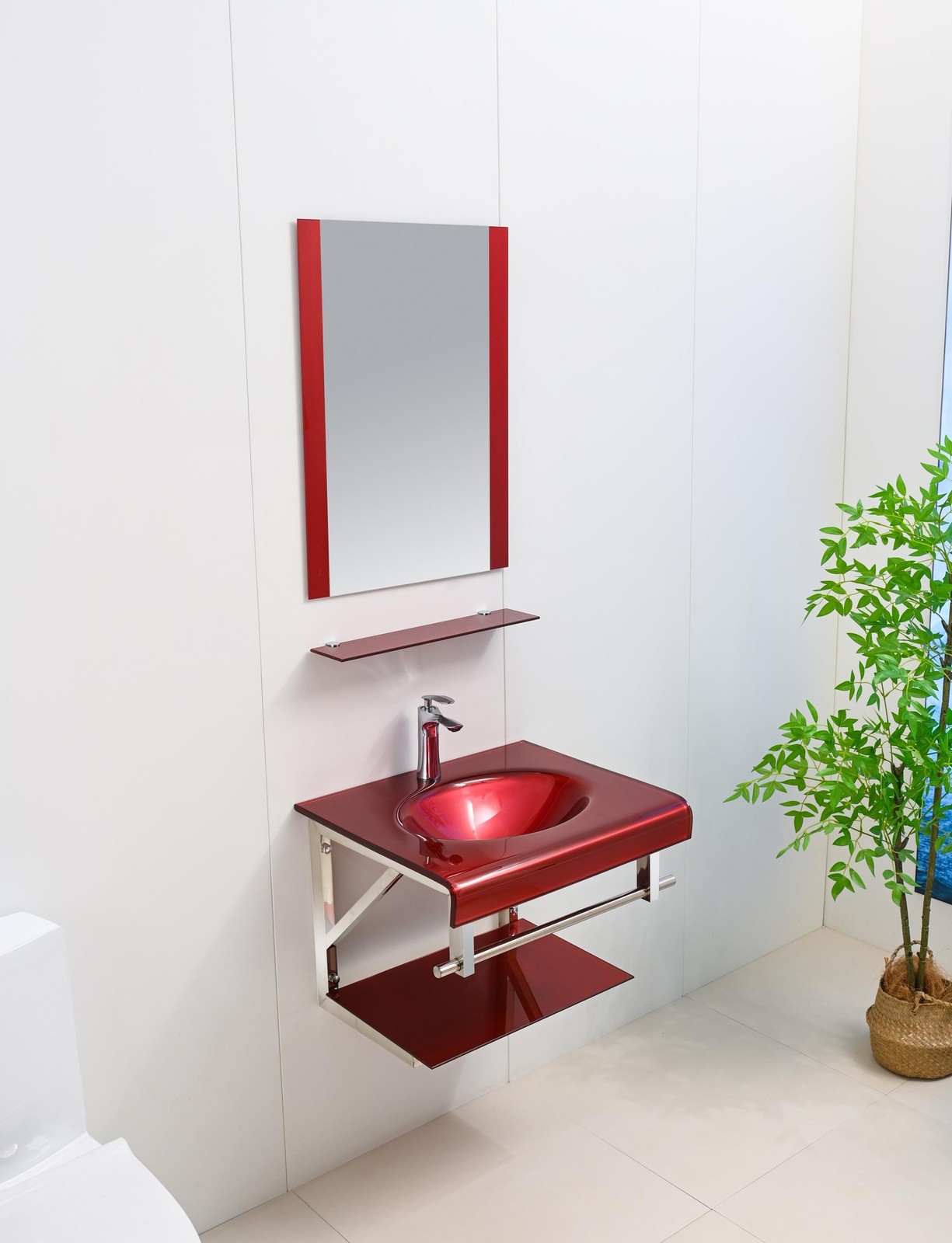 24″ Modern Red Glass Bathroom Vanity Floating Glass top/ sink Mirror Shelves set