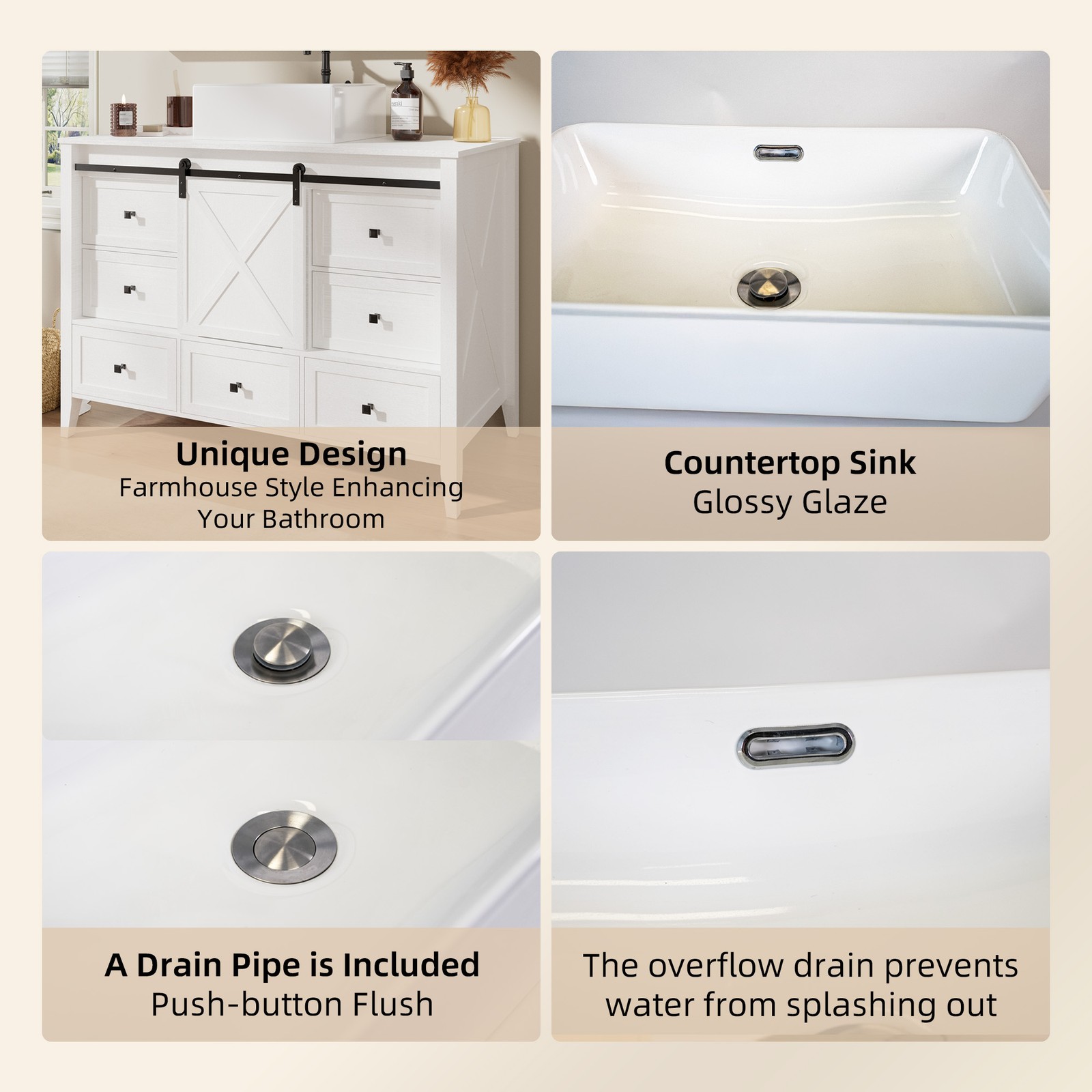 48-inch Bathroom Vanity with Sink Ceramic Freestanding Cabinet Sliding Barn Door
