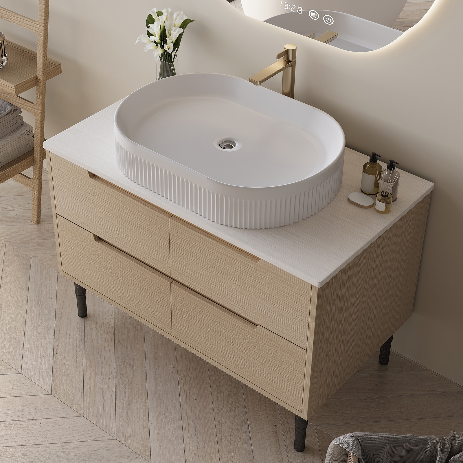 36″ Bathroom Vanity, Freestanding or Wall Mounted with Ceramic Integrated Sink