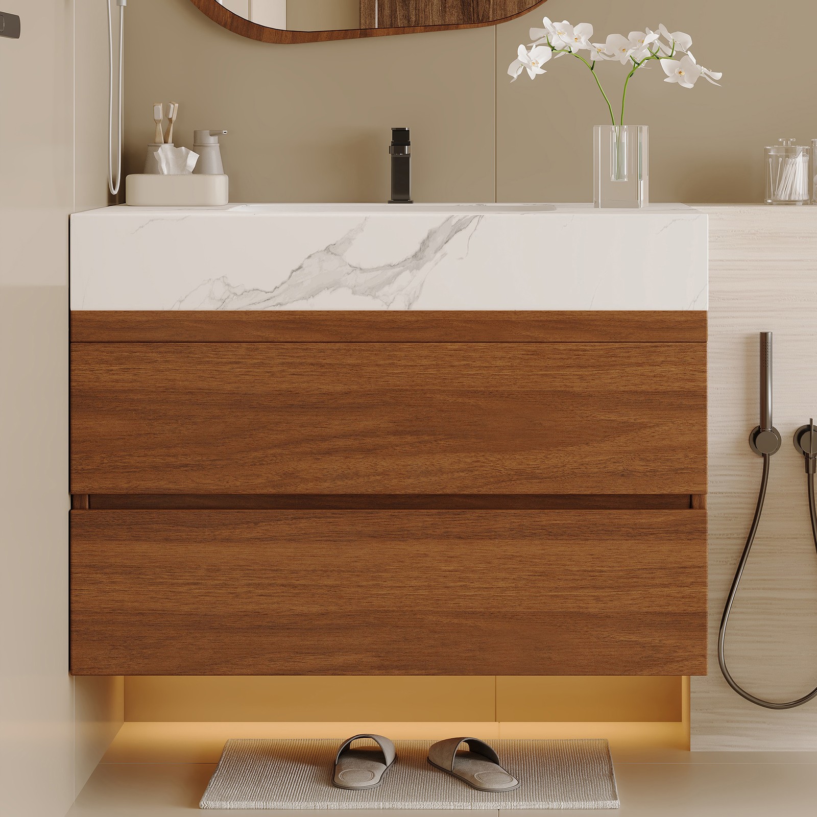 Floating Bathroom Vanity with Faux Marble Top and Ceramic Undermount Sink 29.9″