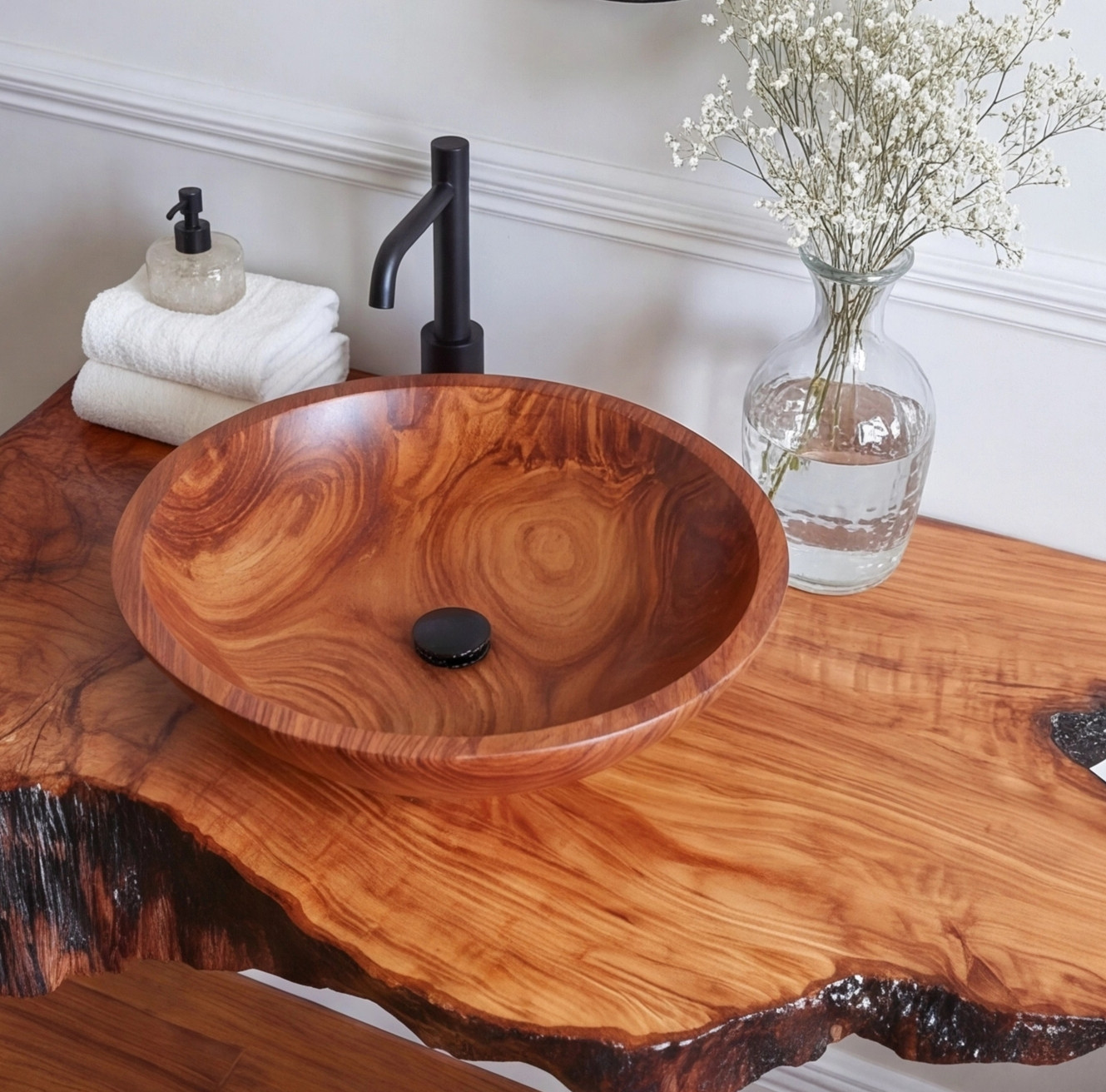 Modern Rustic Solid Wood Vanity – Natural Live Edge Bathroom Sink Console