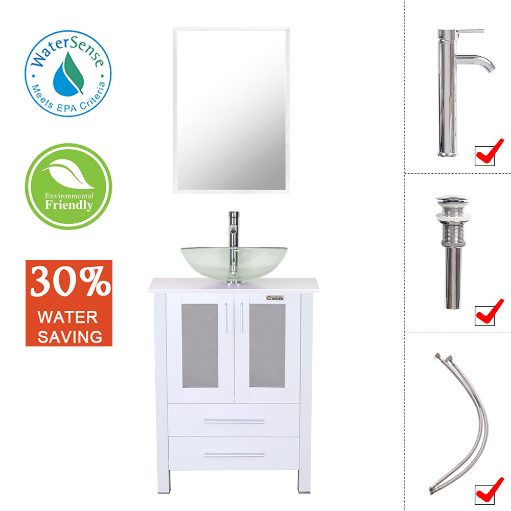 72″ Bathroom Vanity Set Tempered Clear Glass Vessel Sink No Mirror White Combo