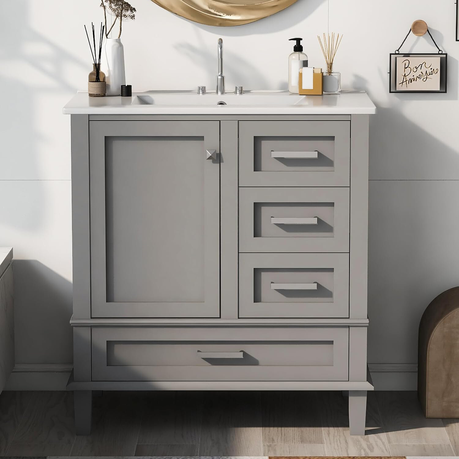 30″ Solid Wood Bathroom Vanity Cabinet with Resin Sink Top, 1 Door and 3 Drawers