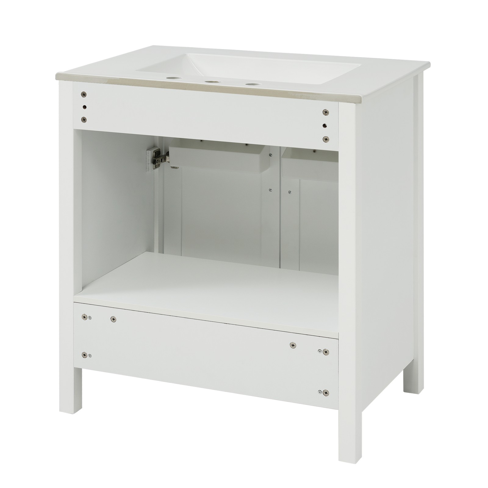 30-Inch Bathroom Vanity with Ceramic Sink, White, Solid Wood MDF