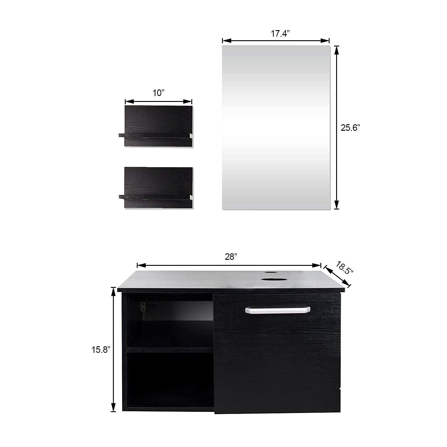 28” Floating Bathroom Vanity Black Cabinet with Sink Vessel Side Shelves Mirror
