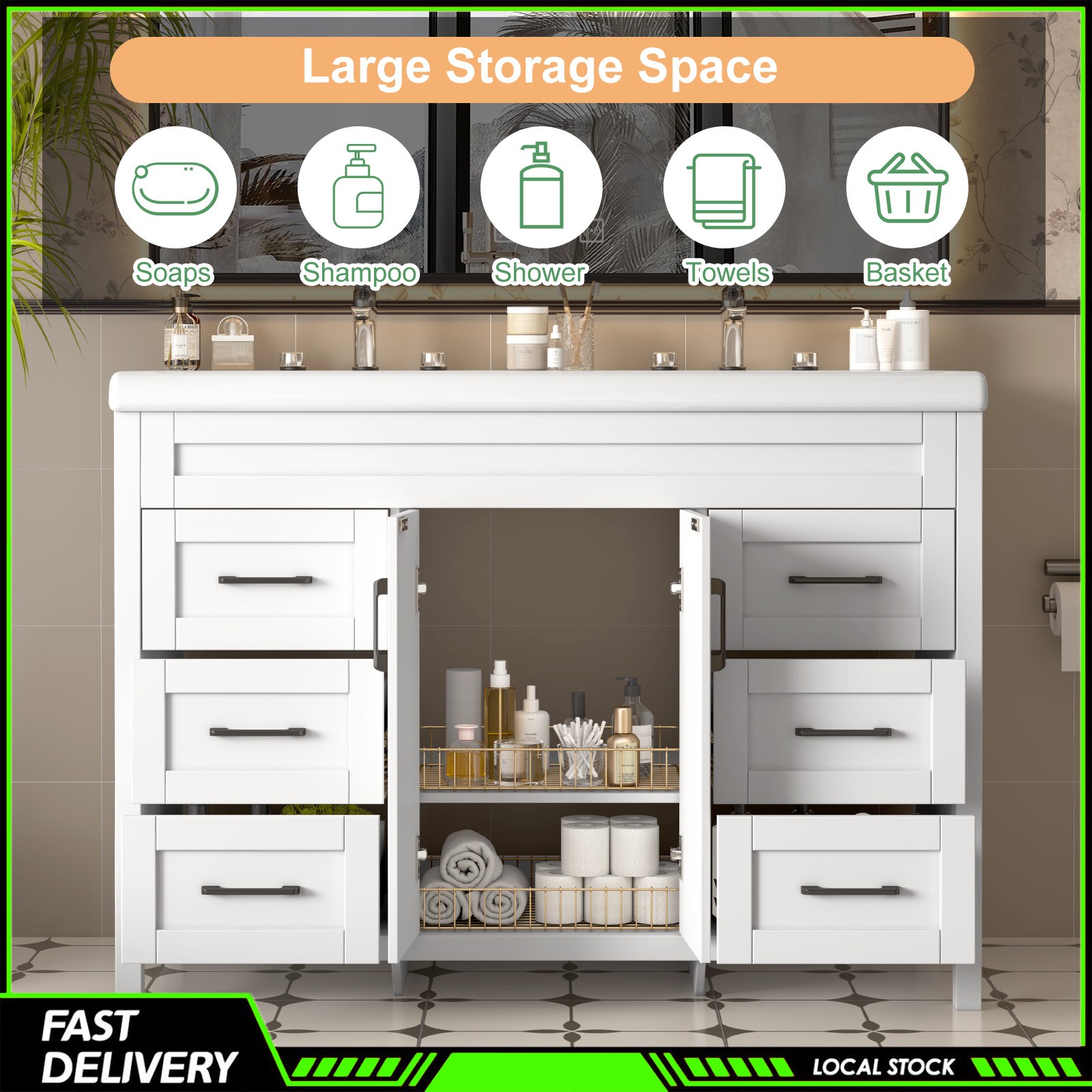 Modern 47 Inch Bathroom Vanity Double Ceramic Sinks Freestanding Drawer Cabinet