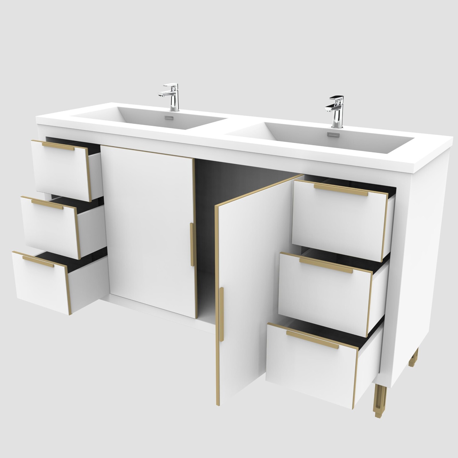 60″ Freestanding Bathroom Vanity Double Sink Storage Cabinet Soft Doors, Drawers