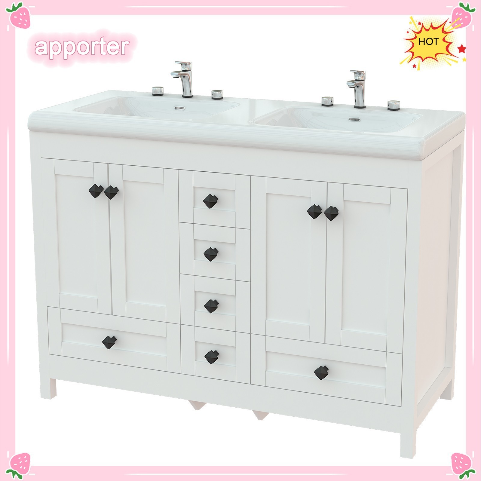 47in White Bathroom Vanity Double Sink Ceramic Freestanding Cabinet 5 Drawers US