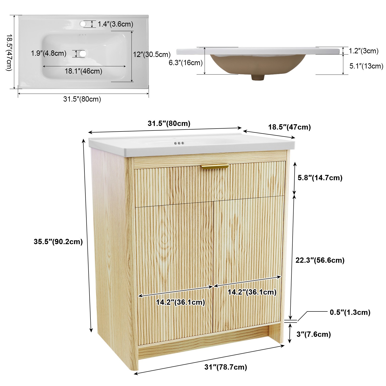 23.6 Inch Elegant Bathroom Vanity Set with Solid Wood Frame with Ceramic Sink