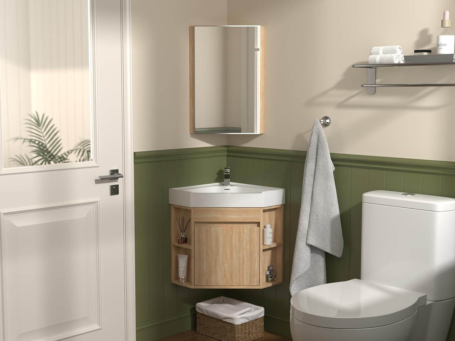 18 Inch Wall Mount Corner Bathroom Vanity with Matte Solid Surface (Light Oak)