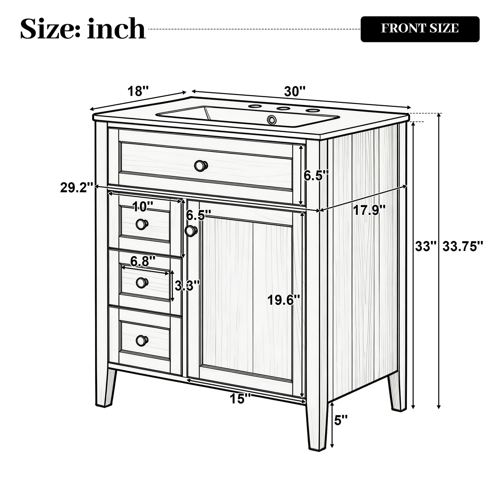 30″ Bathroom Vanity with Sink, 3 Drawers, Freestanding Vanity Storage Cabinet