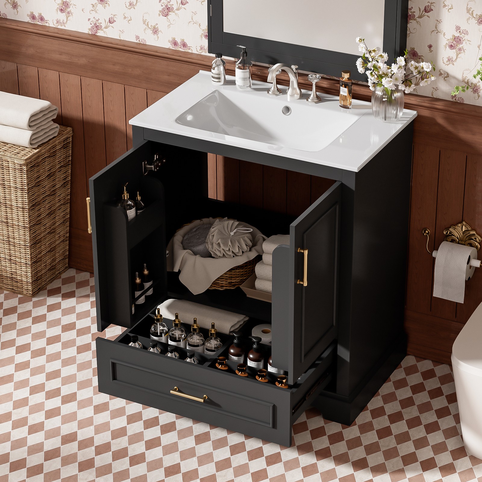 30″ Bathroom Vanity w/ Sink, Black, Soft-Close Doors & Drawer, Solid Wood+MDF