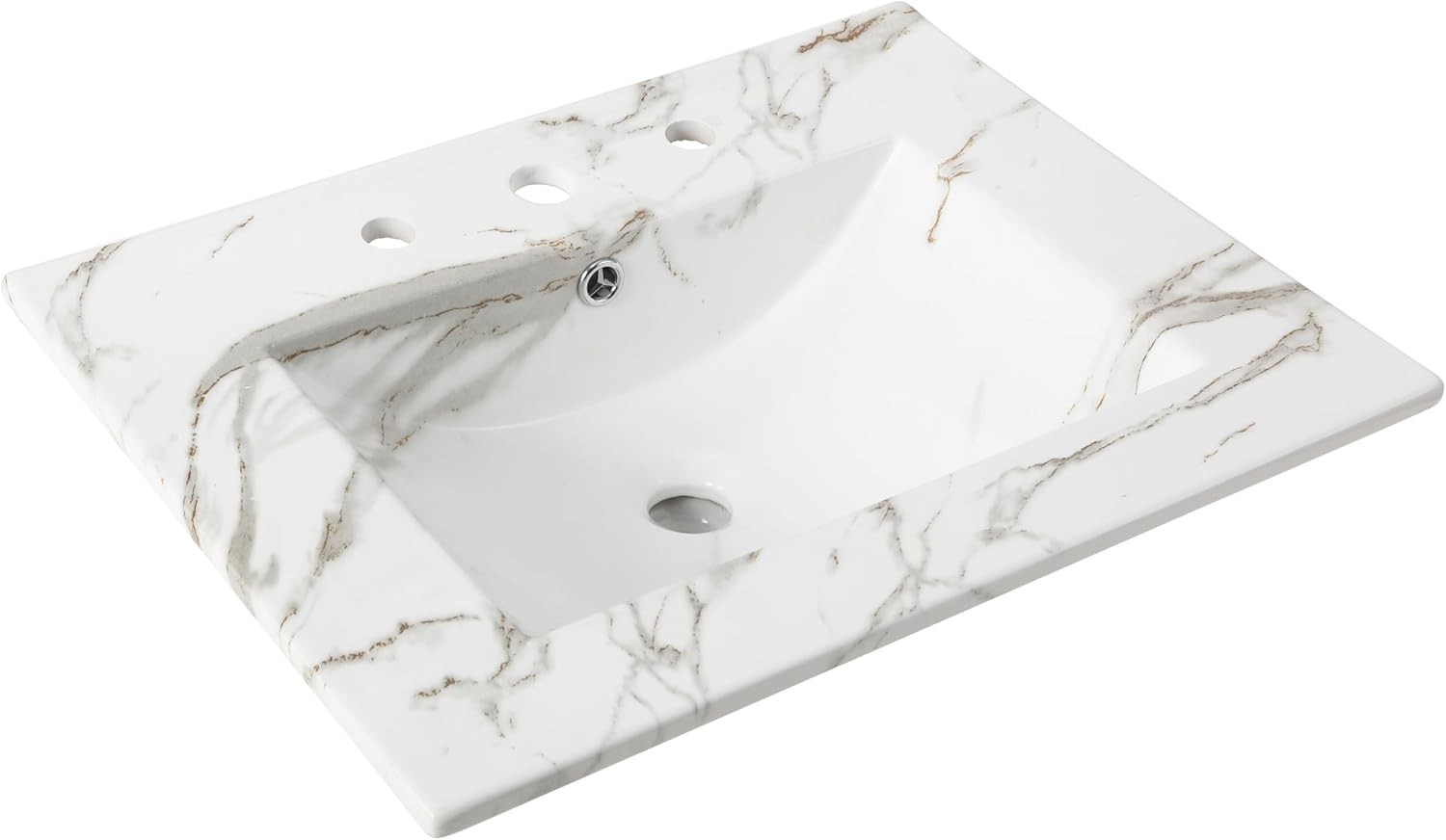 Elegant 24″ Ceramic Vanity Sink Top White Marble Effect Rectangular 3-Hole
