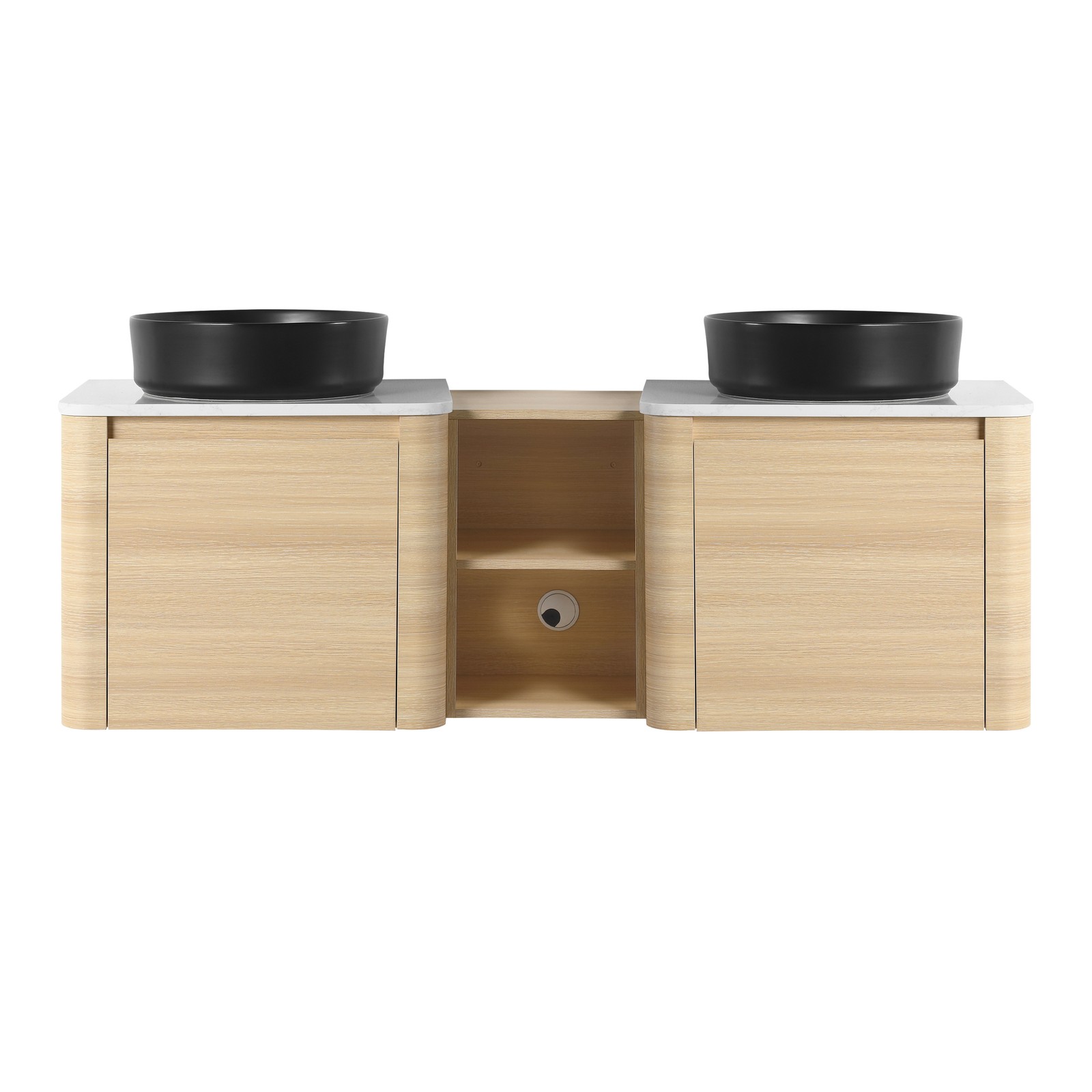 60 in Floating Bathroom Vanity Cabinet 2x Black Ceramic Sink Basin +Open Shelves
