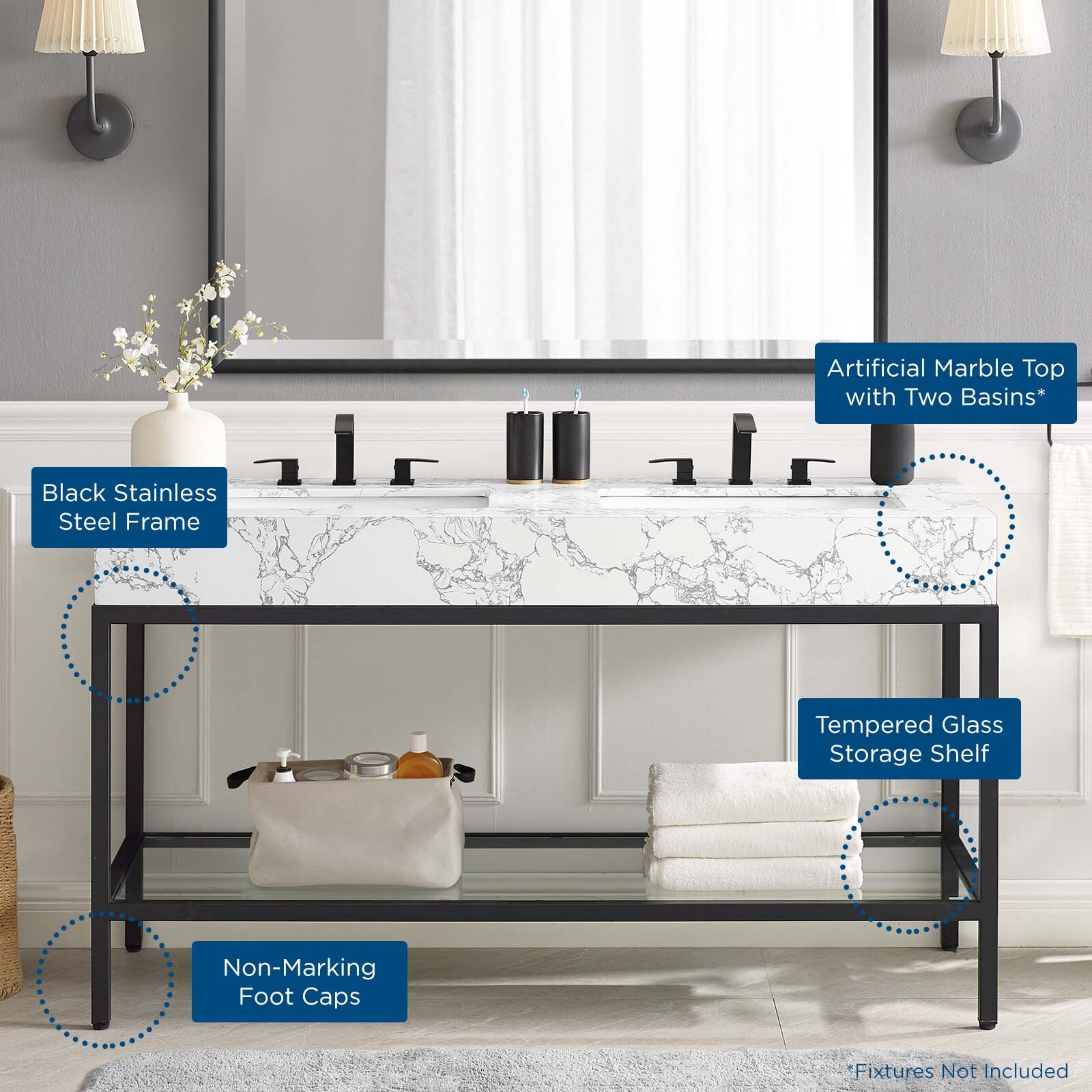 Modway Kingsley 60″ Black Stainless Steel Bathroom Vanity in Black White