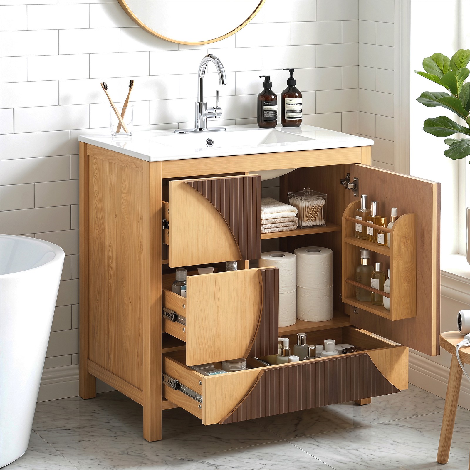 30″ Mid-Century Modern Bathroom Vanity with Sink, 3 Drawers, Solid Wood & MDF