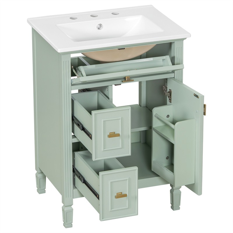 24-In Modern Bathroom Vanity with Ceramic Sink,Green Wood Cabinet with 3 Drawers