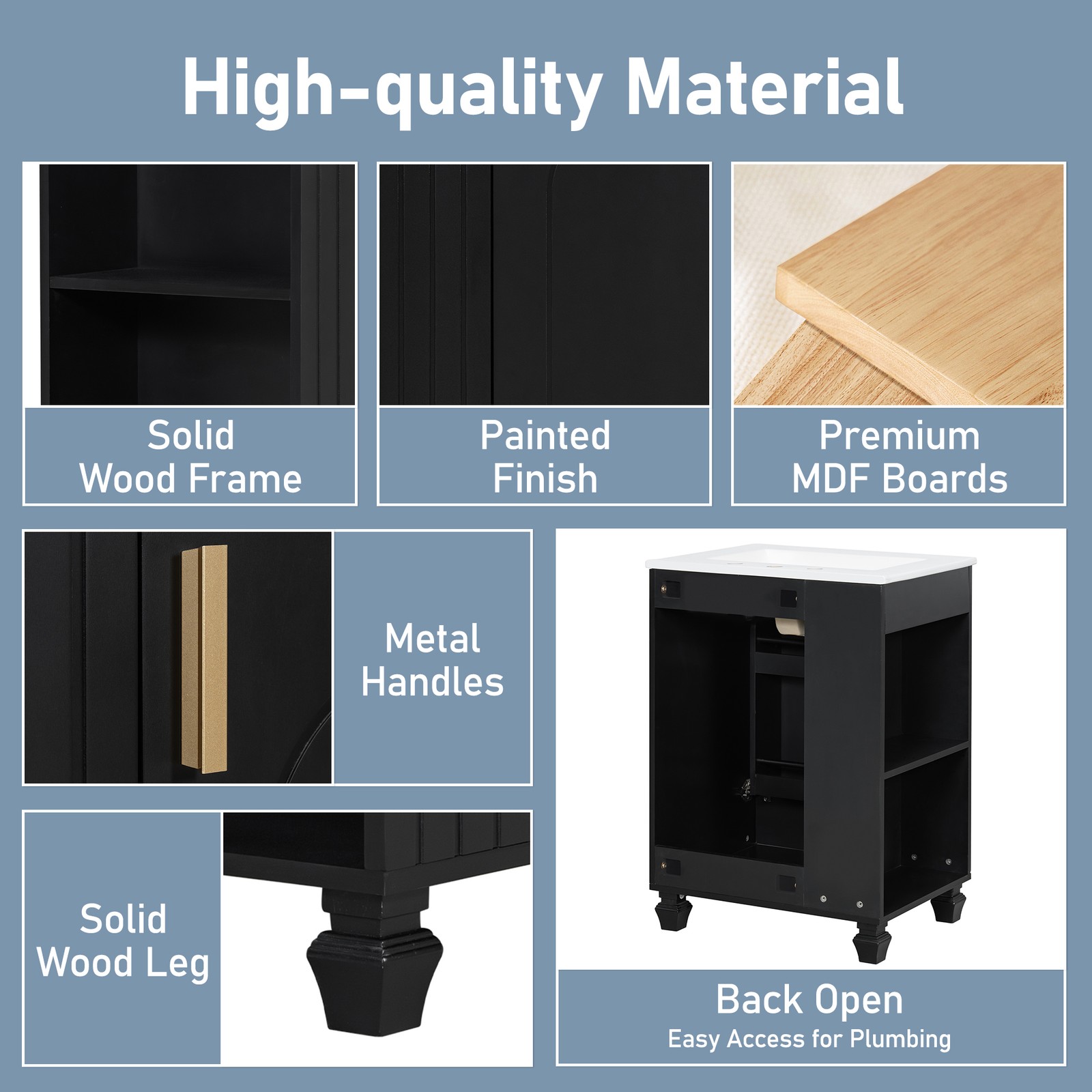24″ Bathroom Vanity w/Sink，Freestanding Cabinet w/Door Shelf and Open Storage