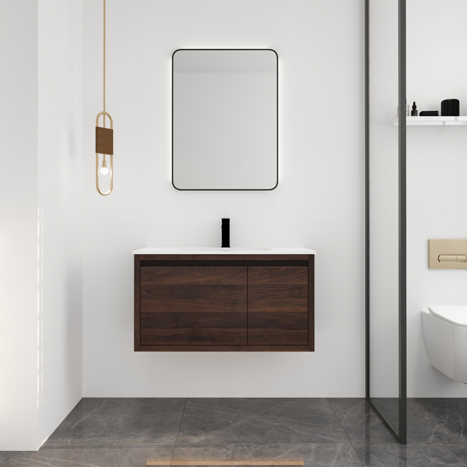 36″Bathroom Vanity Cabinet Wall Mounted Floating Vanity /Sink Basin Walnut Color