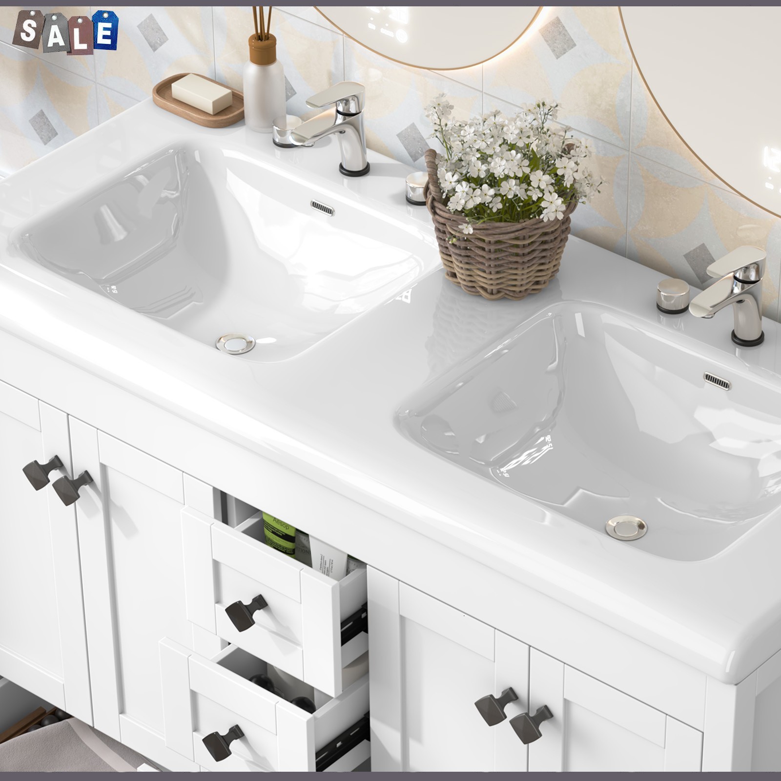 White Classic Bathroom Vanity Double Ceramic Sinks Freestanding With 5 Drawers