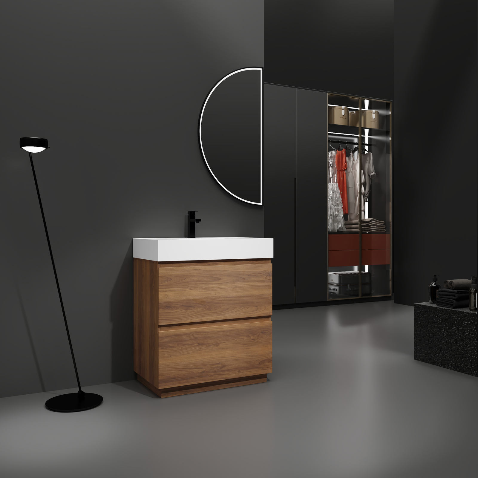 30″ Wood Freestanding Bathroom Vanity W/ Undermount Resin Sink +2 Drawers Brown
