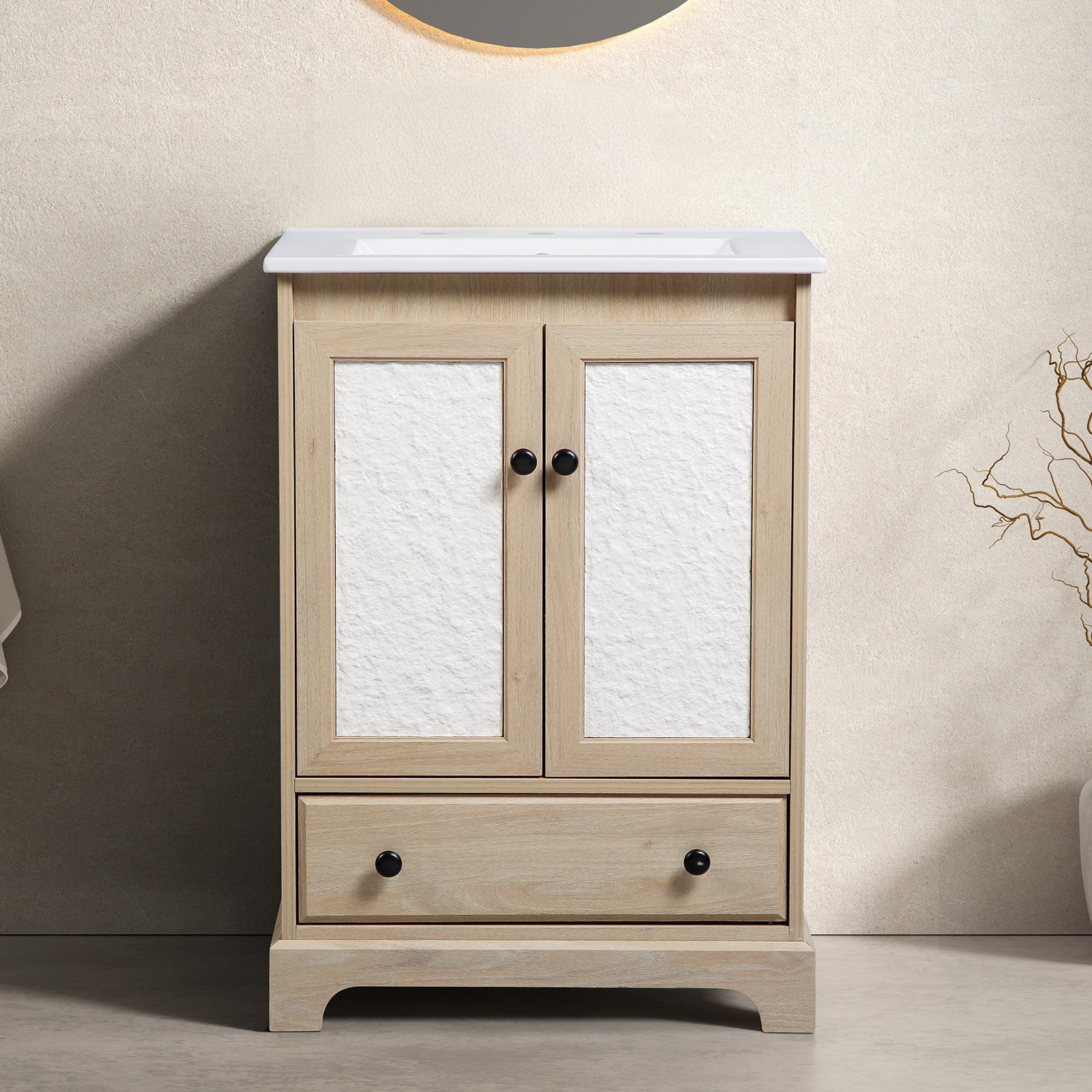 Brown Modern Bath Vanity w/ Porcelain Sink, Soft Close Drawer, Free Standing