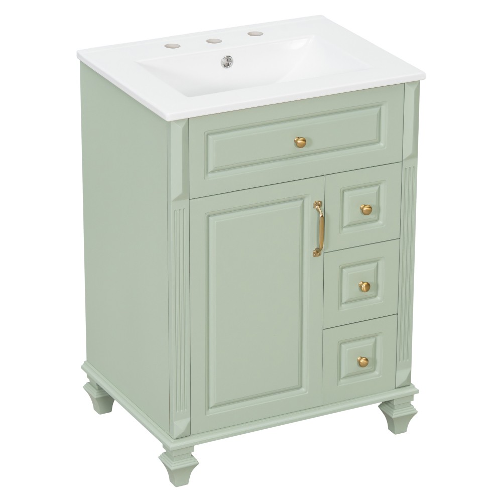 24″ Freestanding Vanity with Ceramic Sink & 3 Drawers, Solid Wood & MDF, Green