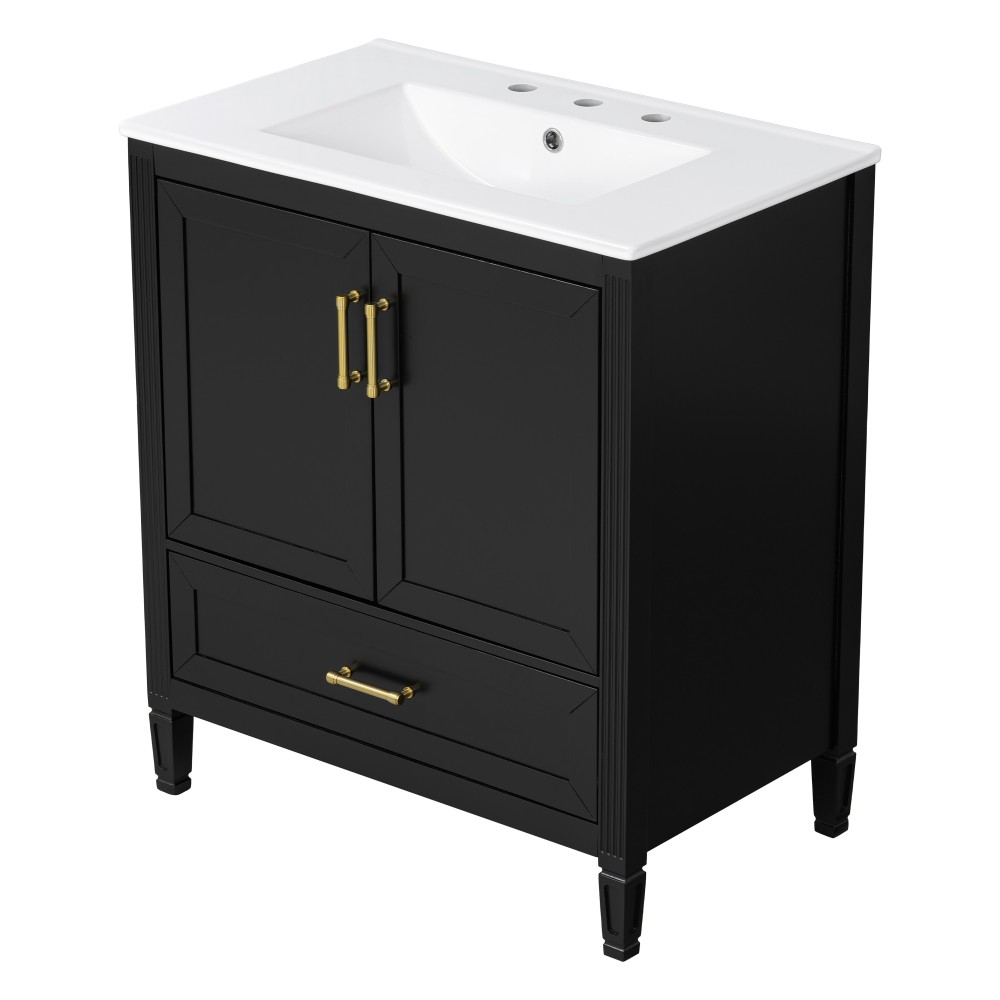 30 Inch Fluted Black Bathroom Vanity with Ceramic Sink Soft-Close Doors Drawer