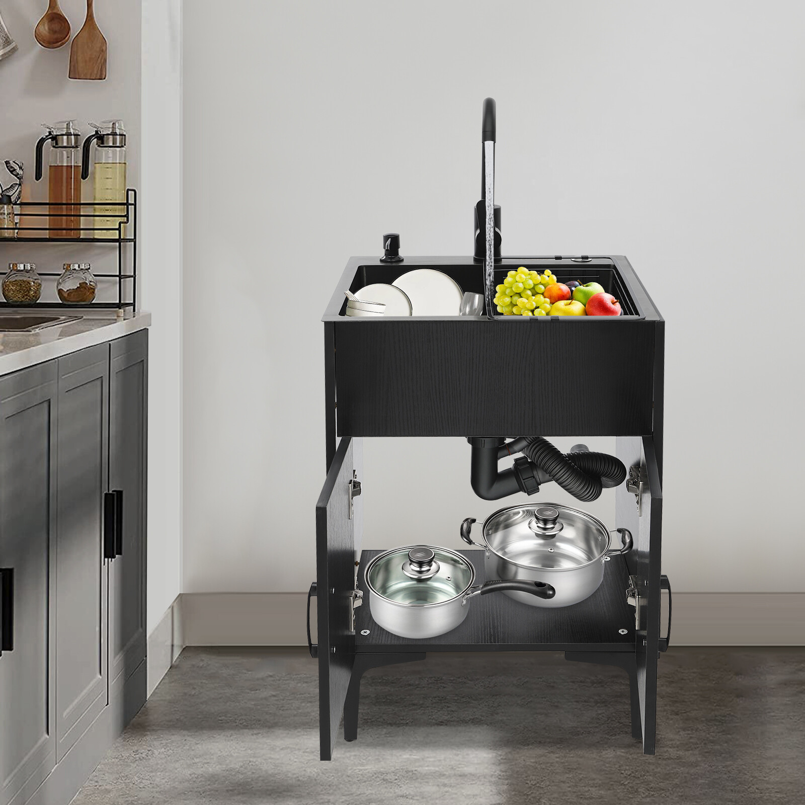Bathroom Vanity Cabinet Storage with Sink Combo with Drawers and Shelves Black