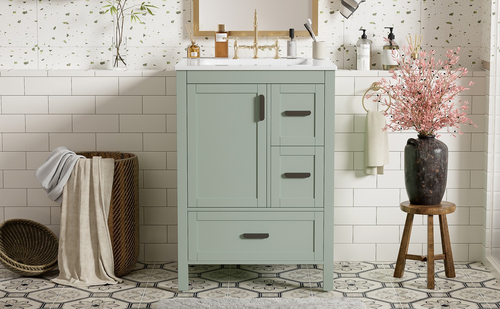 24″ Bathroom Vanity w/Ceramic Sink Modern Freestanding Vanity Cabinet w/3 Doors