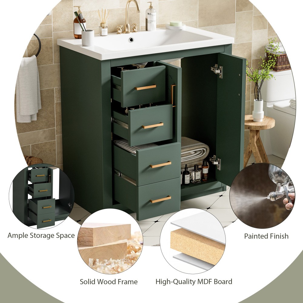 30” Bathroom Vanity with Ceramic Sink Combo,Solid Wood Frame Bathroom Storage