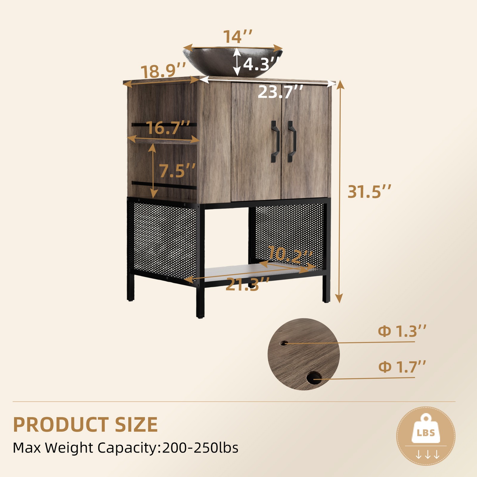24″ Bathroom Vanity Set Storage Cabinet with Vessel Sink & Open Shelf Cabinet