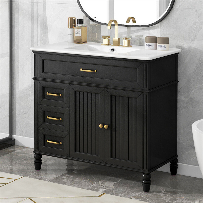36″ Bathroom Vanity Set with Sink, Black Bathroom Cabinet w/3 Drawers & 2 Doors